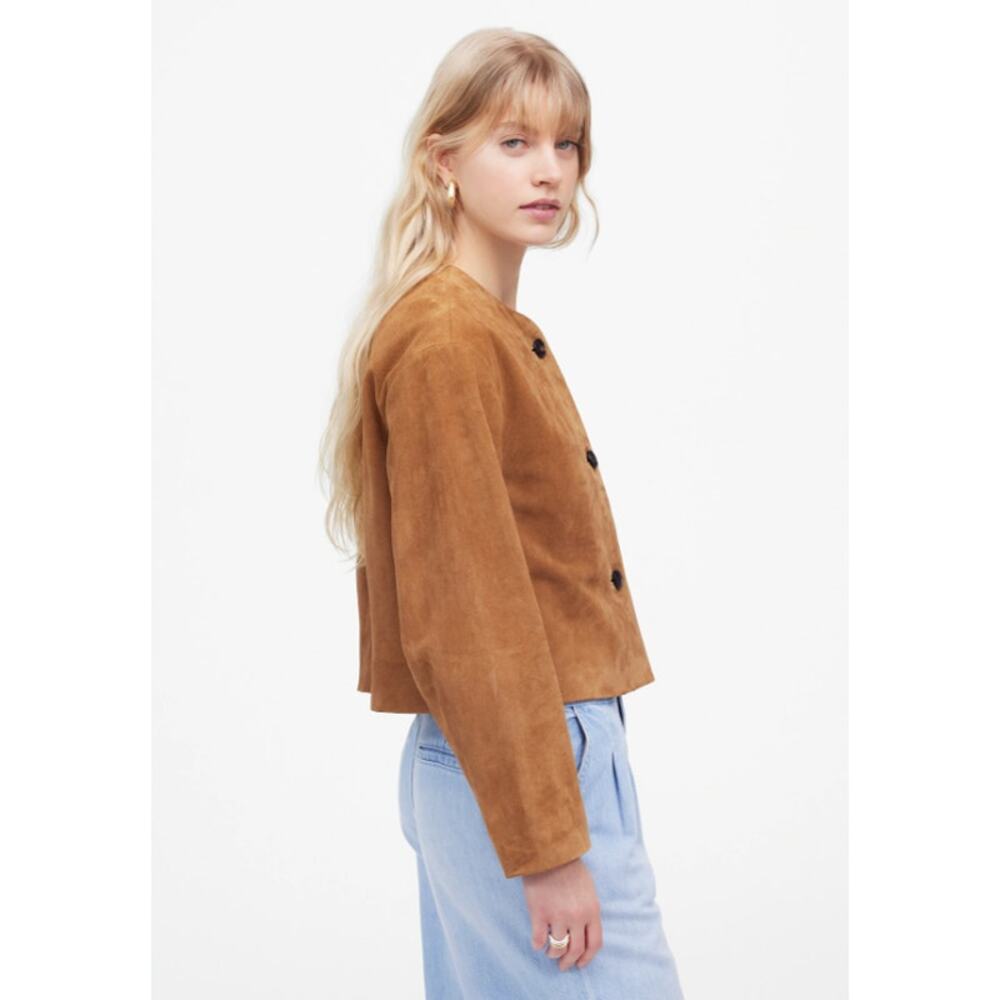 MADEWELL Crop Suede Cardigan Jacket Cognac Long Sleeve Boxy Fit Women's M - Picture 4 of 15